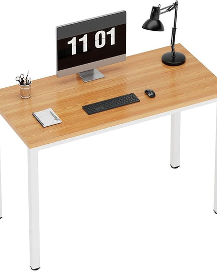 Need Small Desk, 39.4 inches Sturdy Writing Desk for Small Spaces, Small Computer Desk Teens Desk Study Table Laptop Desk Home Ofice Desk, White Metal Frame, Teak - LeafyLoom