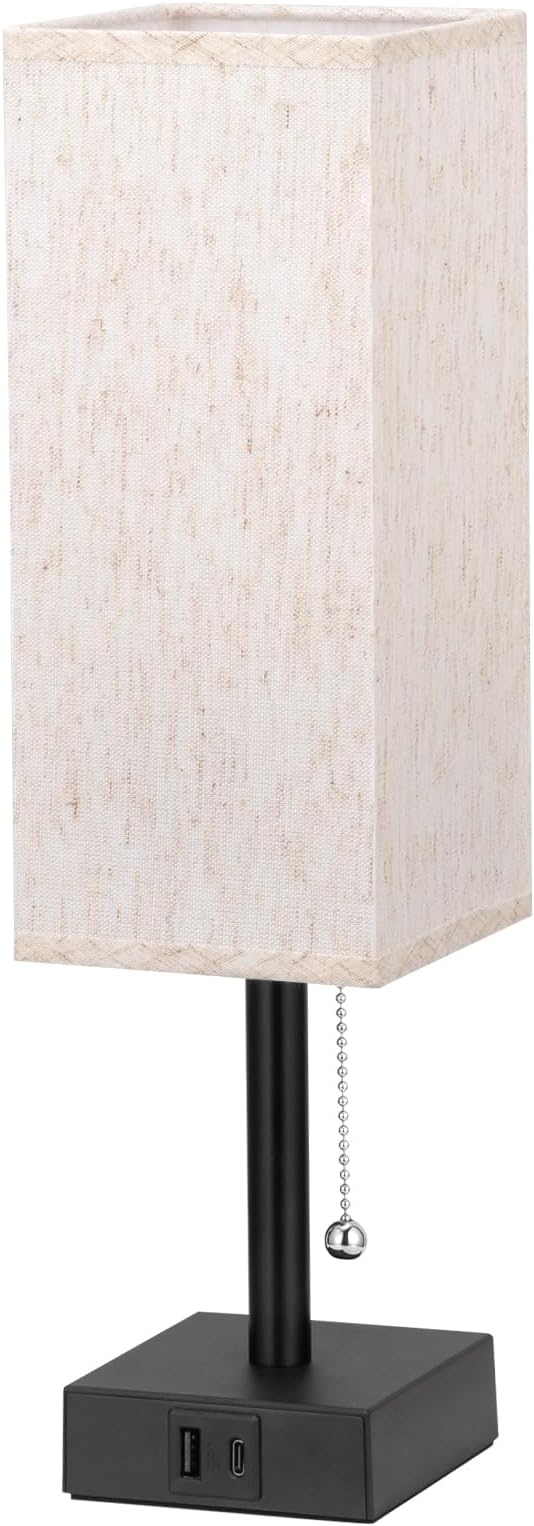 Pull Chain Small Table Lamp for Bedroom with USB Ports, 3 Color Temperature Bedside Lamp for Kid's Room Office - LeafyLoom