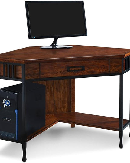 Leick Home 11230 Ironcraft Corner Writing/Computer Rustic Desk with Drawer and Shelf, Mission Oak and Black - LeafyLoom