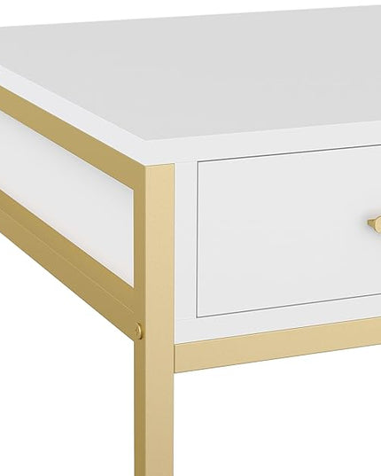 Martha Stewart Ollie Home Office Desk with 3 Drawers in White with Polished Brass Hardware - LeafyLoom