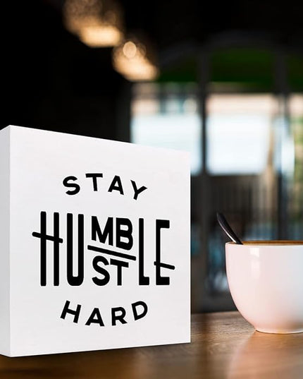 Stay Humble Hustle Hard Sign,Inspirational Quote Wood Box Sign,Motivational Wooden Block Signs,Positive Wood Signs,Entrepreneur Decorations for Home Office Shelf Table Decor - LeafyLoom