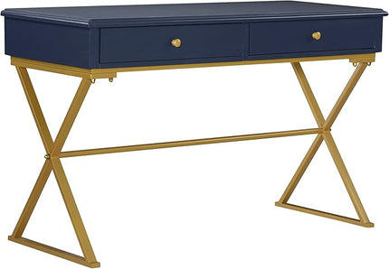 Linon Campaign Desk Navy with Gold Legs, Blue - LeafyLoom