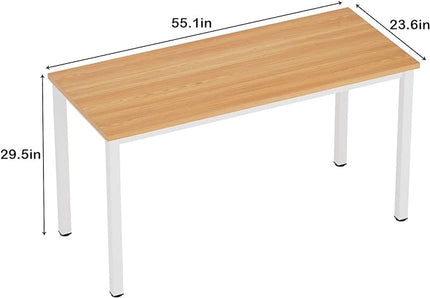 Need 55 Inch Large Computer Desk - Modern Simple Style Home Office Gaming Desk, Basic Writing Table for Study Student, White Metal Frame, Teak - LeafyLoom