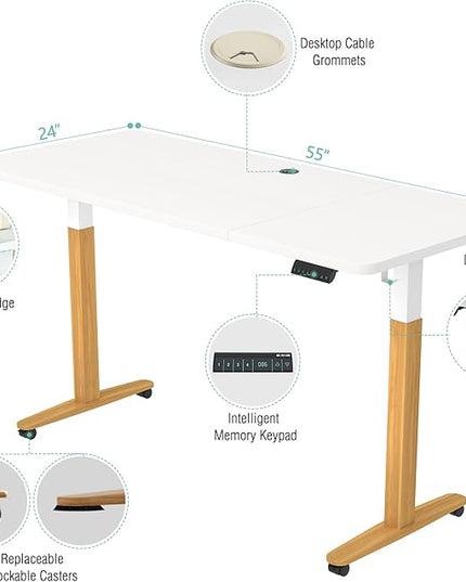 Monomi Electric Standing Desk, 55 x 28 inches Height Adjustable Desk, Ergonomic Home Office Sit Stand Up Desk with Memory Preset Controller (White Top/Wood Grain Frame) - LeafyLoom