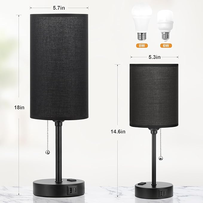 Dicoool 18Inch Tall Bedroom Lamps with USB C and A Ports 3 Color Temperatures - Pull Chain Black Nightstand Bedside Table Lamp with AC Outlet, Side Lamp for Living Room End Table - LeafyLoom