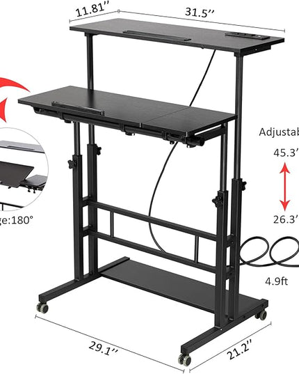 Hadulcet Stand Up Desk, Rolling Desk Adjustable Height, Mobile Standing Desk with Wheels & Charging Station, Portable Desk for Laptop, Rolling Computer Cart TV Tray, Small Standing Desk Drawing Desk - LeafyLoom