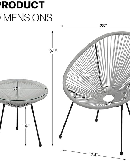 MoNiBloom 3 Piece Outdoor Seating Acapulco Chair, Modern Patio Furniture Outdoor Conversation Set, Glass Top Table and 2 Metal Steel Chairs for Garden Poolside Balcony, Weight Capacity 250 lbs, Grey - LeafyLoom