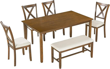 6-Piece Retro Style, Kitchen Set with Wooden Rectangular Table and 4 Chairs & Bench with Cushion for Family Dinner Dining Room, Set of 6(Natural Cherry) - LeafyLoom