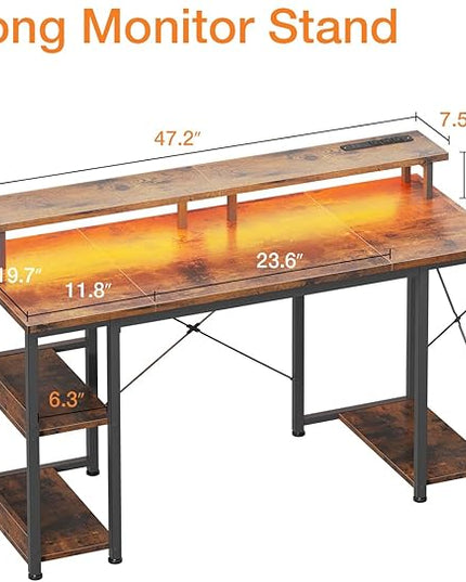 ODK 48 inch Gaming Desk with LED Lights & Power Outlets, Computer Desk with Monitor Stand & Storage Sheves, CPU Stand, Home Office Desk, Vintage - LeafyLoom