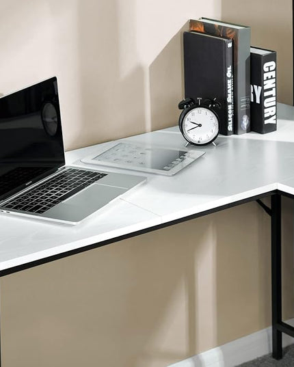 FurnitureR L-Shaped 58.3''Corner Computer Desk with Storage Shelf Long Gaming Desk for Home Office PC Workstation Saving Space Laptop Table (White and Black) - LeafyLoom