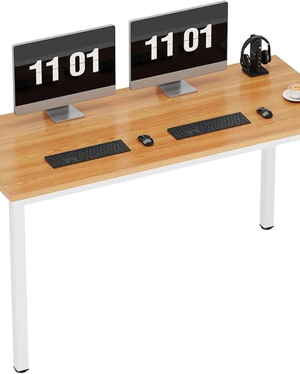 Need 55 Inch Large Computer Desk - Modern Simple Style Home Office Gaming Desk, Basic Writing Table for Study Student, White Metal Frame, Teak - LeafyLoom