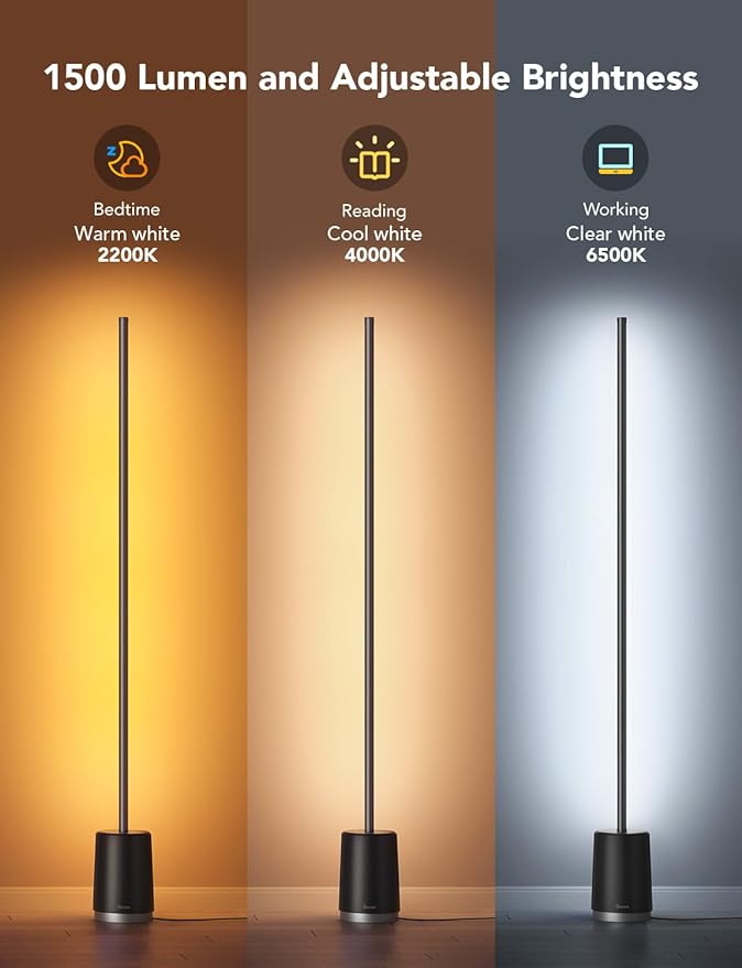 Govee RGBIC Floor Lamp, Modern LED Lyra Corner Lamp with 64+ Scene & Music Modes, 1500 Lumens, DIY Mode, Smart Remote Control Standing Floor Lamp for Bedroom, Living Room, Gaming Room, Black - LeafyLoom