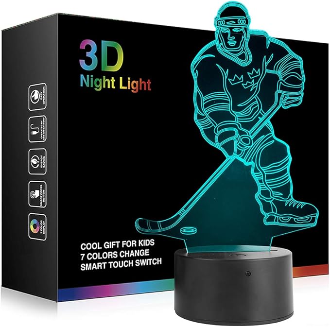Hockey Player 3D Night Light Lamps for Kids 7 LED Color Changing Touch Table Desk Lamps Lighting Cool Toys Gifts Birthday Xmas Decoration for Sports Hockey Fan - LeafyLoom