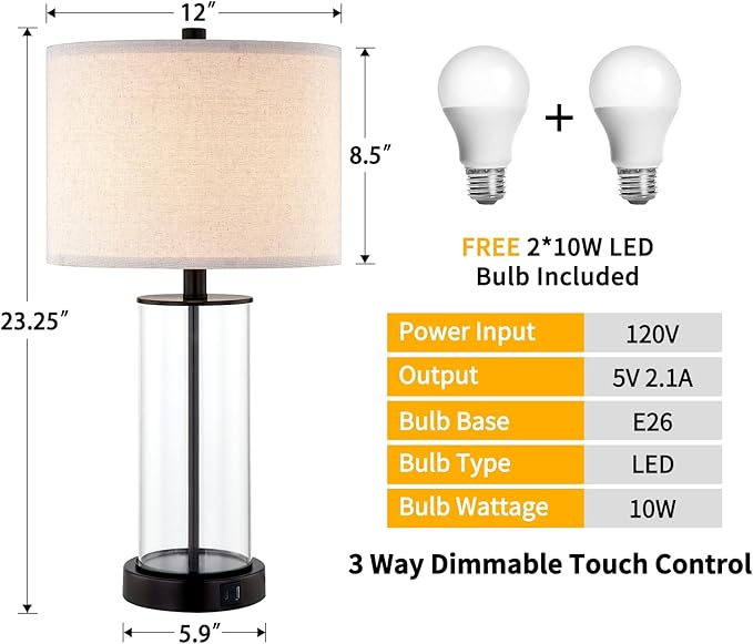 23.5'' Glass Table Lamp Set of 2 for Living Room, 3-Way Touch Control Table Lamps with USB Ports and AC Outlets(Bulbs Included) - LeafyLoom