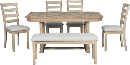 6 Piece Rubber Table Set with Beautiful Grain Pattern Tabletop Solid Veneer and Soft Cushion, for Kitchen, Living, Dining Room, Home Bar, Nature Wood - LeafyLoom