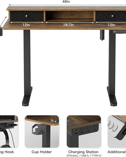 Electric Adjustable Standing Desk, Sit Stand Desk with Power Outlets & LED Lights 48”Adjustable Height Standing Desk with Drawers Adjustable Table Desk Riser for Home Office - LeafyLoom
