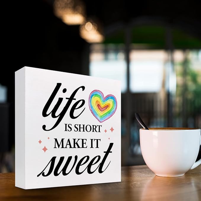 Life Is Short Make It Sweet Sign,Inspirational Quote Wood Box Sign,Motivational Signs Wooden Block Rainbow Decorations for Home Office Shelf Decor - LeafyLoom