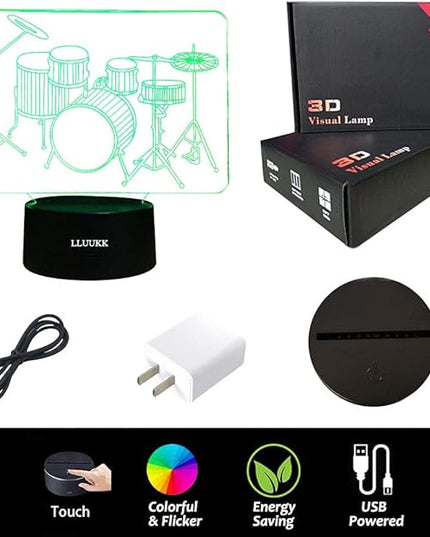 Visual 3D Night light Lamp Drum toys Desk Lamp Table decoration household accessories Kids gift boys festival for music lovers - LeafyLoom