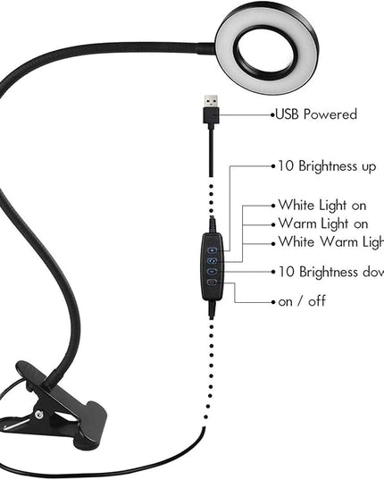 Clip on Desk Lamp, 48 LED Eye Caring Reading Light with 3 Color Modes 10 Brightness, Dimmer 360°Flexible Gooseneck USB Clamp for Reading, Working, Studying, Makeup, Nail Art (Black) - LeafyLoom