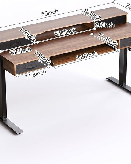 Electric Standing Desk, Multifunctional Standing Desk Adjustable Height, 55 * 24 Standing Desk with 4 Drawers, Ergonomic Adjustable Standing Desk with Keyboard Tray, Rustic Brown - LeafyLoom
