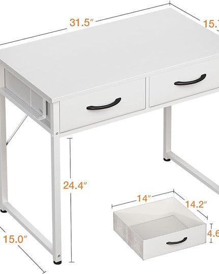 ODK Small Desk with Fabric Drawers- for Bedroom, White Vanity Desk with Storage, Home Office Computer Desk for Small Spaces, 32 Inch Modern Work Writing Study Table, White - LeafyLoom