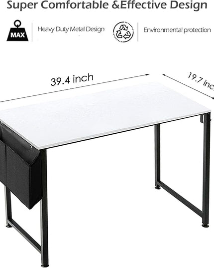 Lufeiya Computer Desk White Writing Table for Small Spaces Home Office 39 Inch Modern Study PC Des,with Storage Bag Hook (White Black) - LeafyLoom