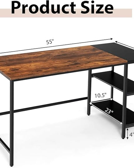 Multifunctional Computer Desk, Industrial Study Writing Desk w/Removable Storage Shelf, Heavy-Duty Metal Frame, 55 Inch Desk for Home Office, Gaming Room, Bedroom (Rustic Brown) - LeafyLoom