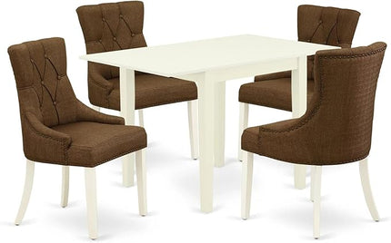 East West Furniture NDFR5-LWH-18 Norden 5 Piece Room Furniture Set Includes a Rectangle Dining Table with Dropleaf and 4 Brown Linen Fabric Parsons Chairs, 30x48 Inch - LeafyLoom