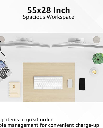 MOUNTUP 55x28 Inches Electric Height Adjustable Standing Desk, Sit Stand Desk with Memory Controller, Ergonomic Stand Up Desk for Home Office with Splice Board, White+Oak - LeafyLoom
