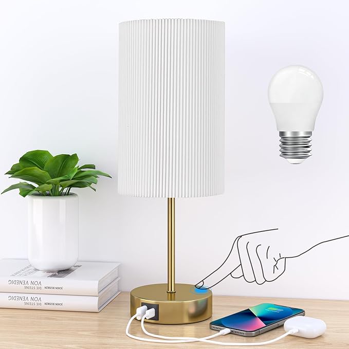AKASUKI Table Lamp for Bedroom, 3 Way Dimmable Touch Lamp with Dual Charging Station, Small Bedside Lamps for Night Stands, Living Room, Office(LED Bulb Included) - LeafyLoom