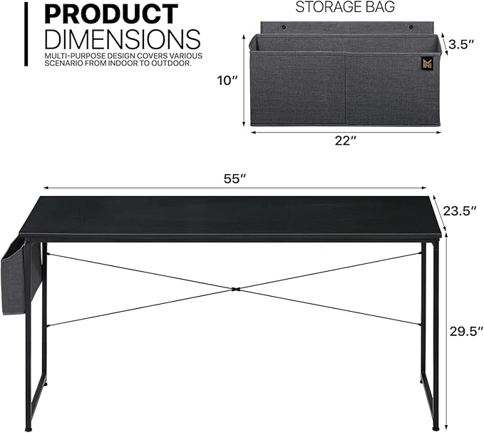 MoNiBloom Computer Desk 55", Simple Style Home Gaming Desk with Storage Bag, Office Writing Workstation- Black - LeafyLoom