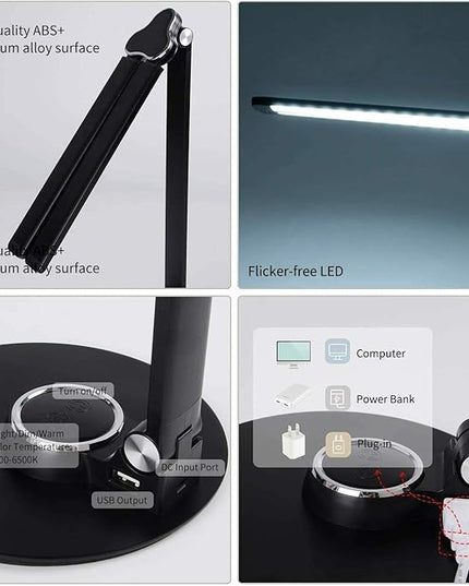 LED Desk Lamp Dimmable Table Lamp, LED Desk Lighting with USB Charging Port, 10W Foldable Rotatable Desk Lights, Touch Control Adjustable Office Lamp with Adapter for Reading - LeafyLoom