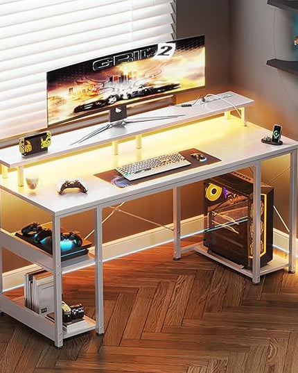 ODK 55 inch Gaming Desk with LED Lights & Power Outlets, Computer Desk with Monitor Stand & Storage Sheves, CPU Stand, Home Office Desk White - LeafyLoom