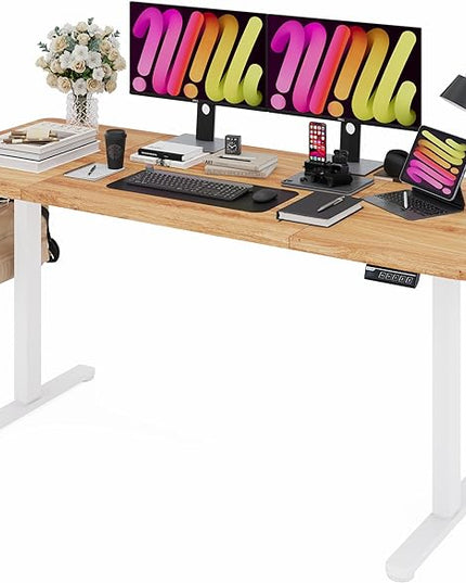 Monomi Electric Standing Desk, 63 x 28 inches Height Adjustable Desk, Ergonomic Home Office Sit Stand Up Desk with Memory Preset Controller (Natural Top/White Frame) - LeafyLoom