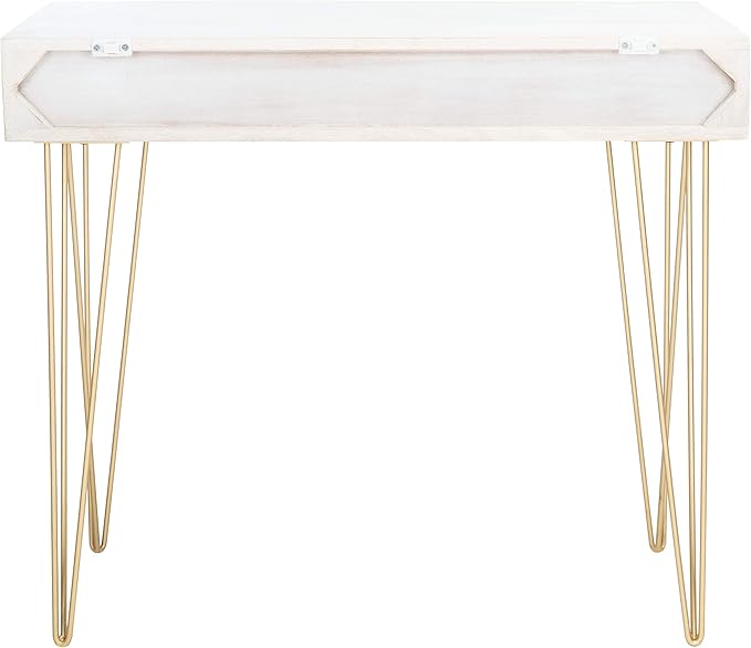 Safavieh Home Office Collection Marigold White Wash and Brass 1-Drawer Hairpin Leg Desk, 0 - LeafyLoom
