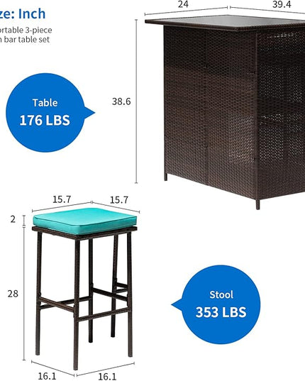 FDW 3PCS Patio Bar Set Outdoor Furniture Set Wicker Bistro Set with Two Stools for Patio Backyard Balcony,Blue Cushion - LeafyLoom