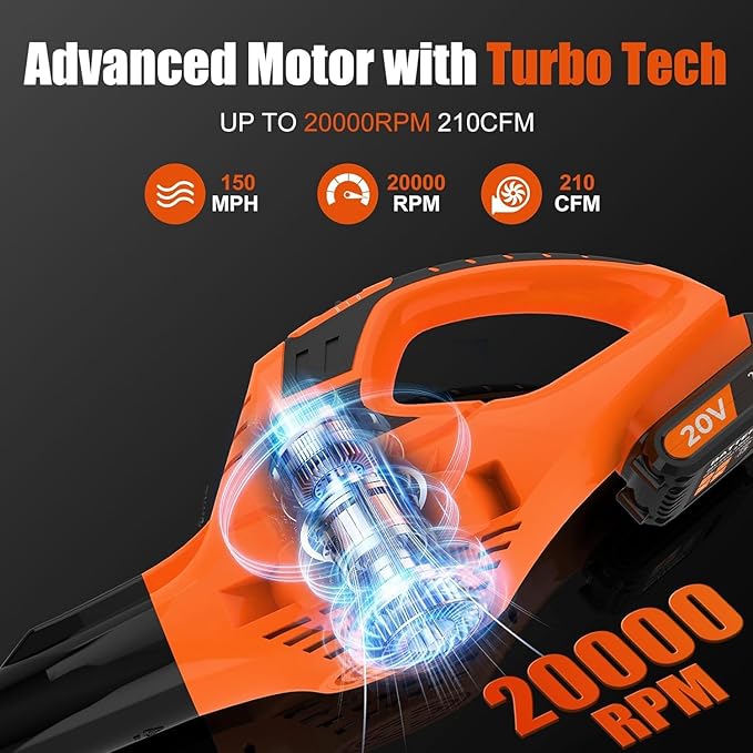 Leaf Blower Cordless,21V Handheld Electric Leaf Blower with 4.0Ah Battery and Charger, 2 Speed Mode, Lightweight Battery Powered Leaf Blower for Lawn Care, Patio, Yard, Sidewalk (Orange) - LeafyLoom
