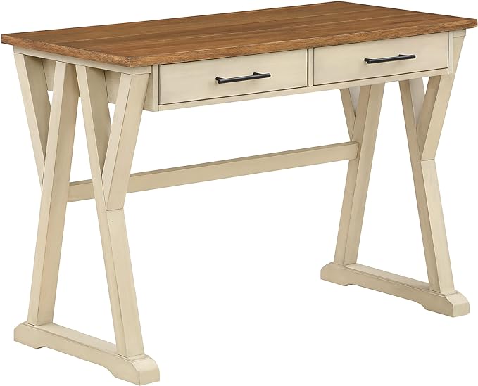 OSP Home Furnishings Jericho Rustic 42 Inch Writing Desk with 2 Drawers and Burnished Decorative Hardware, Antique White - LeafyLoom