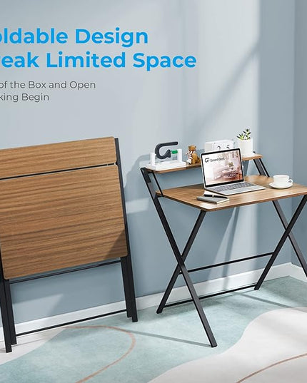GreenForest Folding Desk No Assembly Required Small Size, 2-Tier Foldable Computer Desk with Shelf for Home Office, Space Saving Portable Laptop Study Foldable Table for Small Spaces, Espresso - LeafyLoom