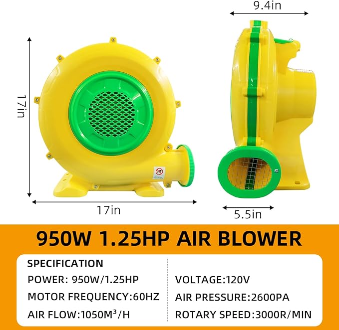 Air Blower for Inflatables, 950Watt 1.25HP Bounce House Blower, Inflatable Bubble House Blower, Electric Fan Pump for Outdoor Inflatable Paint Booth Water Slid, Bouncy Castle, Jumper, Blower Corded - LeafyLoom