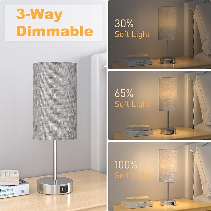 AKASUKI Table Lamp for Bedroom, 3 Way Dimmable Touch Lamp with Dual Charging Station, Small Bedside Lamps for Night Stands, Living Room, Office(LED Bulb Included) - LeafyLoom