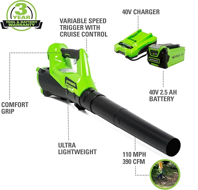 Greenworks 40V (110 MPH / 390 CFM) Cordless Axial Blower, 2.5Ah Battery and Charger Included - LeafyLoom