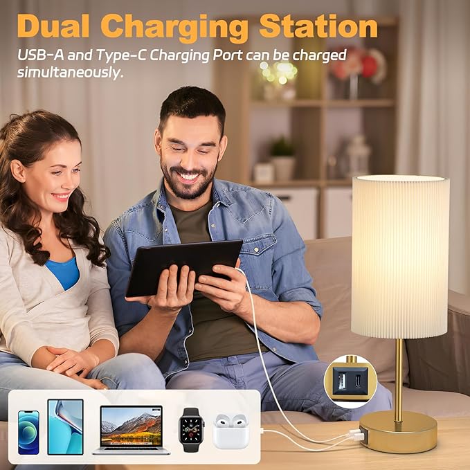 AKASUKI Table Lamp for Bedroom, 3 Way Dimmable Touch Lamp with Dual Charging Station, Small Bedside Lamps for Night Stands, Living Room, Office(LED Bulb Included) - LeafyLoom