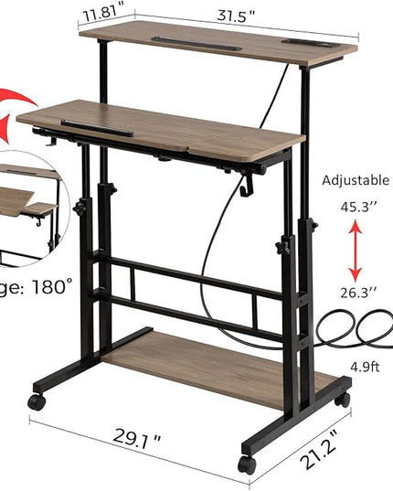 Hadulcet Stand Up Desk, Rolling Desk Adjustable Height, Mobile Standing Desk with Wheels & Charging Station Grey or Rustic Brown - LeafyLoom