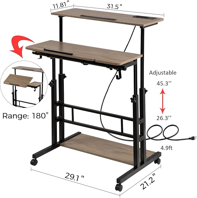 Hadulcet Stand Up Desk, Rolling Desk Adjustable Height, Mobile Standing Desk with Wheels & Charging Station Grey or Rustic Brown - LeafyLoom