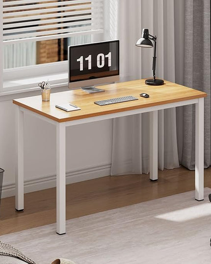 Need Small Desk, 39.4 inches Sturdy Writing Desk for Small Spaces, Small Computer Desk Teens Desk Study Table Laptop Desk Home Ofice Desk, White Metal Frame, Teak - LeafyLoom