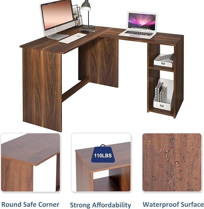FurnitureR 47.2-Inch L-Shaped Computer Desk Home Office Study Writing Corner Gaming Table Retro Design Work Station Space-Saving for Study Room Bedroom, Walnut - LeafyLoom