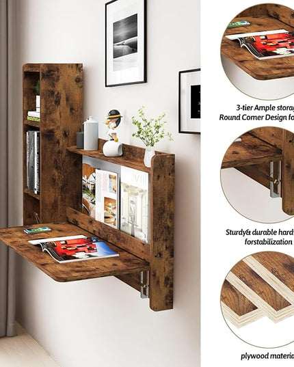 Pmnianhua Farmhouse Floating Desk,41''Wall Mounted Desk,L Shaped Folding Table,Fold Down Laptop Computer Desk with Storage for Wall Bedroom Small Space (Rustic Brown-Left) - LeafyLoom