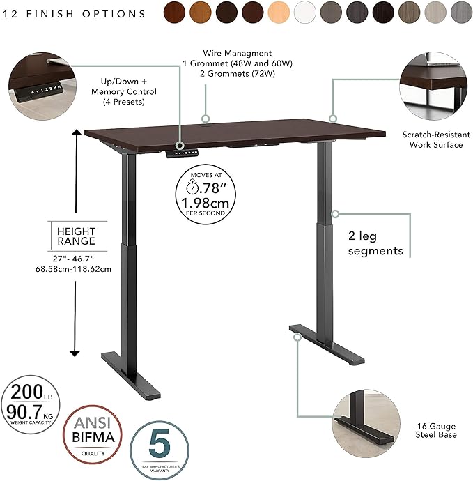 Bush Business Furniture Move 60 Electric Ergonomic Sit-Stand Computer Table for Home and Professional Office, 72W x 30D, Mocha Cherry - LeafyLoom