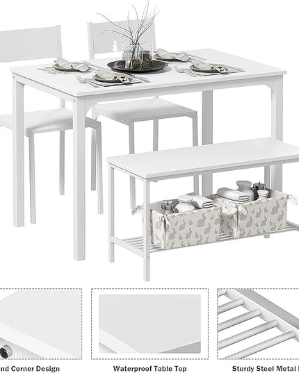 DlandHome 4 Person Dining Table Set, Dining Table with 2 Chairs and 1 Bench,Rectangular Space-Saving Dinner Table with Two Benches for Kitchen - LeafyLoom
